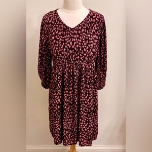 Maurices Black Purple Leopard Print 3/4 Sleeves Peasant Babydoll Mini Dress M